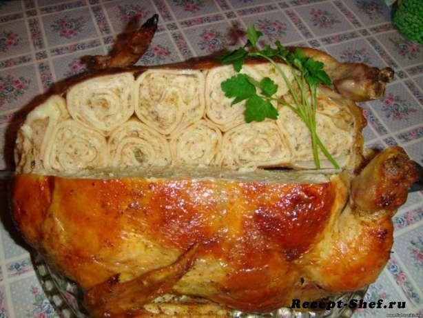 Курица фаршированная блинами с шампиньонами в духовке